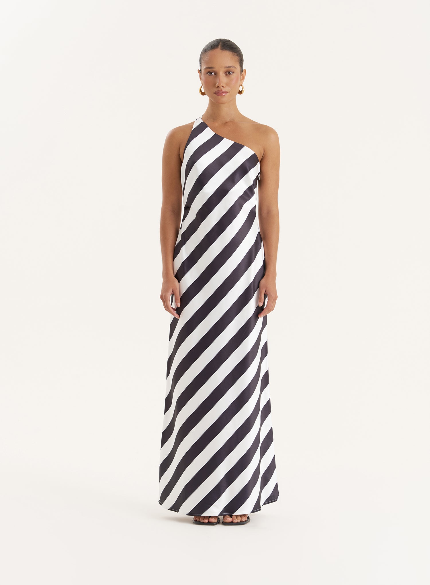 Stripe Print Satin One Shoulder Maxi Dress